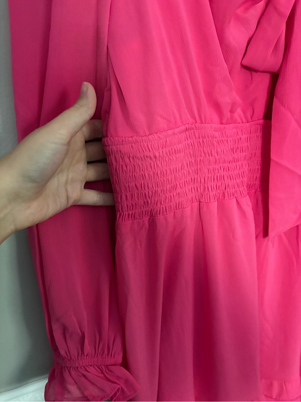 Hot Pink Bow Front Smocked Mini Dress Plus Size 2XL Long Sleeve Lined Barbiecore - Picture 5 of 11